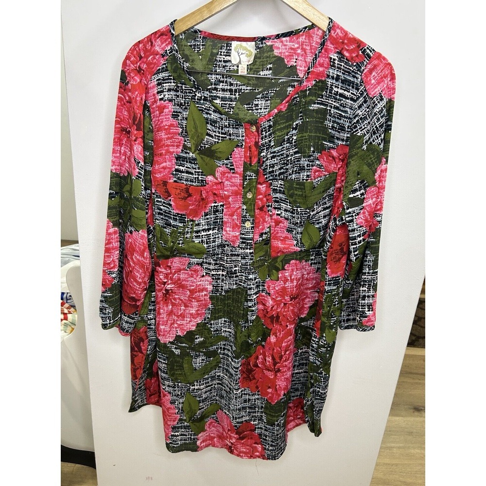 Anthropologie Fig & Flower Tunic Women's Sz  2XL‎ Red \ Green Floral 3/4 Sleeve